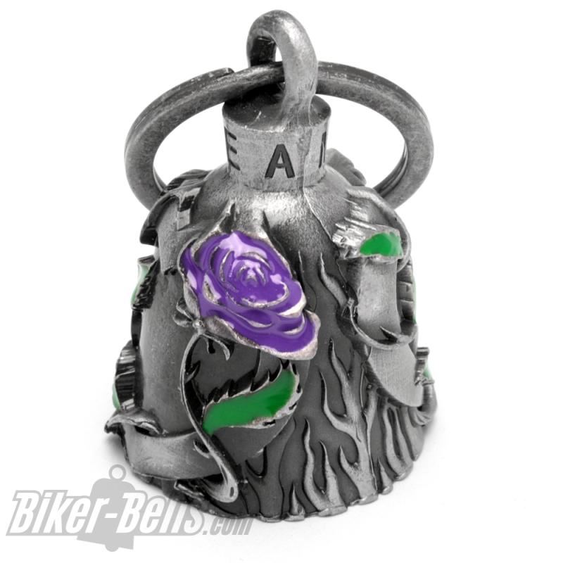 Biker-Bell mit Lila Rose und Herz Motorrad-Liebe Glücksbringer Biker Geschenkidee