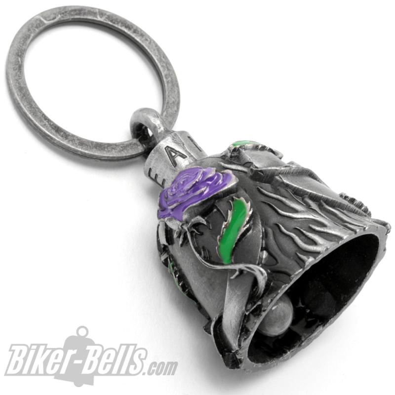 Biker Bell with Purple Rose and Heart Motorcycle Love Lucky Charm Biker Gift Idea
