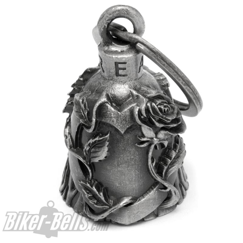 Biker Bell with Rose and Heart Love Motorcyclist Lucky Charm Gift Idea