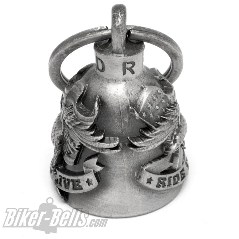 Live To Ride Adler mit US-Flagge auf Biker-Bell Motorrad Glücksbringer Geschenk