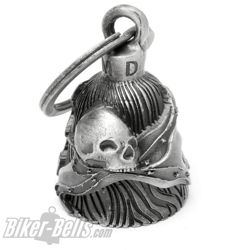 Skull in Front of Southern Flag Motorcyclist Lucky Charm Bell Rebel Bell