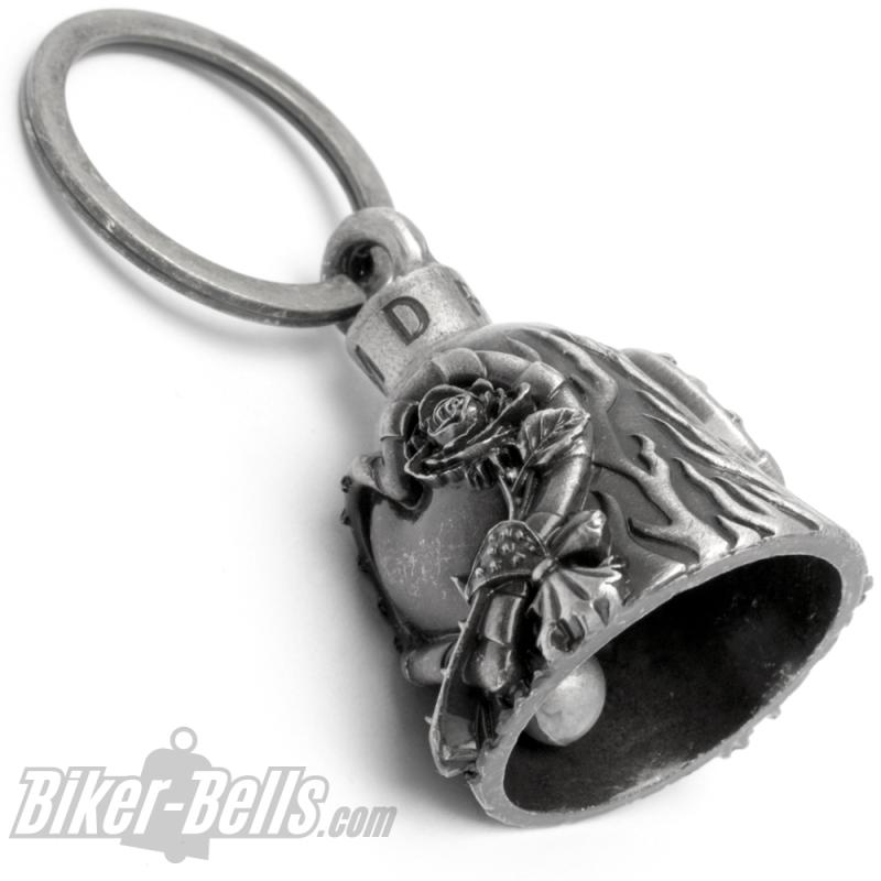 Biker Bell with Heart and Rose USA Love Motorcycle Bell Lucky Charm Gift