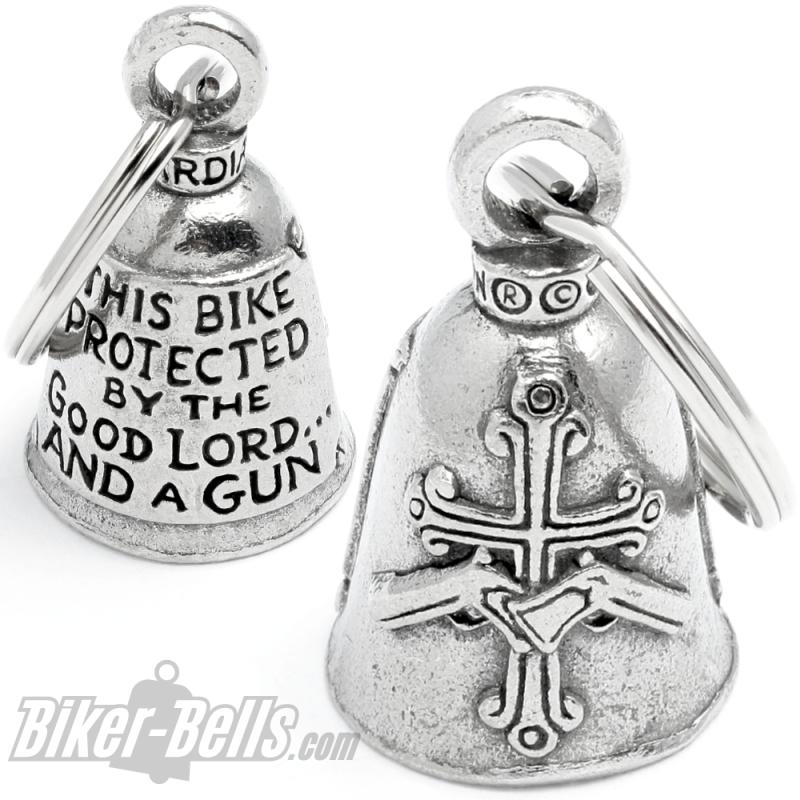 "This Bike Protected By The Good Lord And A Gun" Biker-Bell mit Kreuz und Pistolen