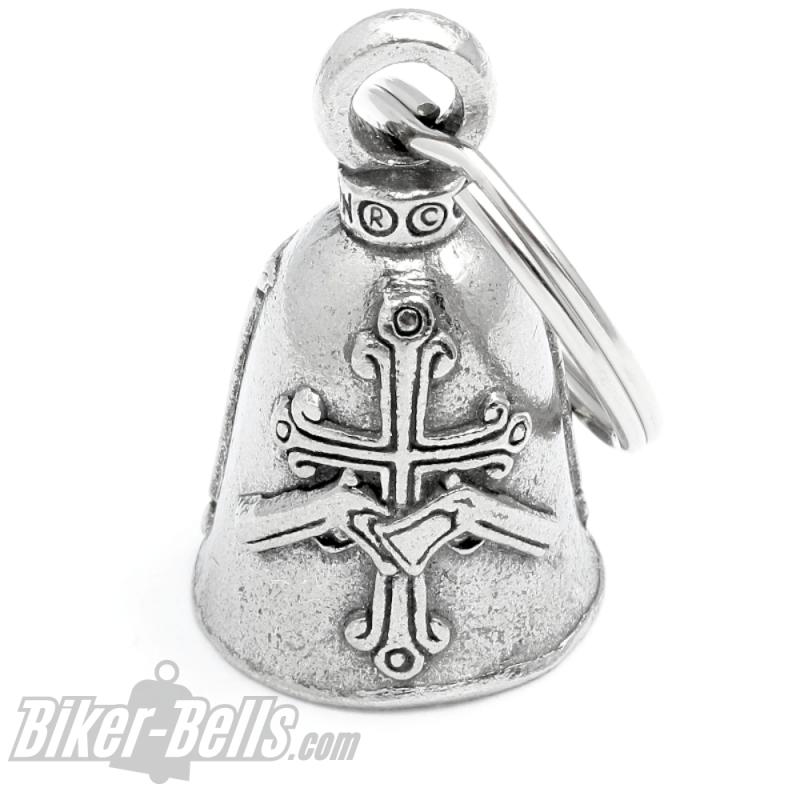"This Bike Protected By The Good Lord And A Gun" Biker-Bell mit Kreuz und Pistolen