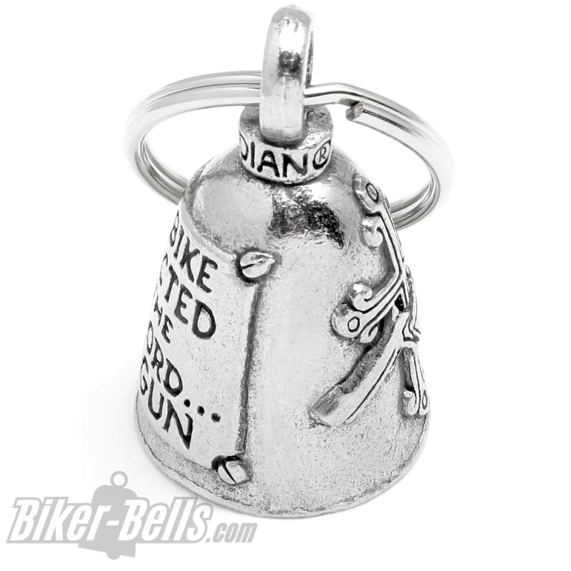 "This Bike Protected By The Good Lord And A Gun" Biker-Bell mit Kreuz und Pistolen