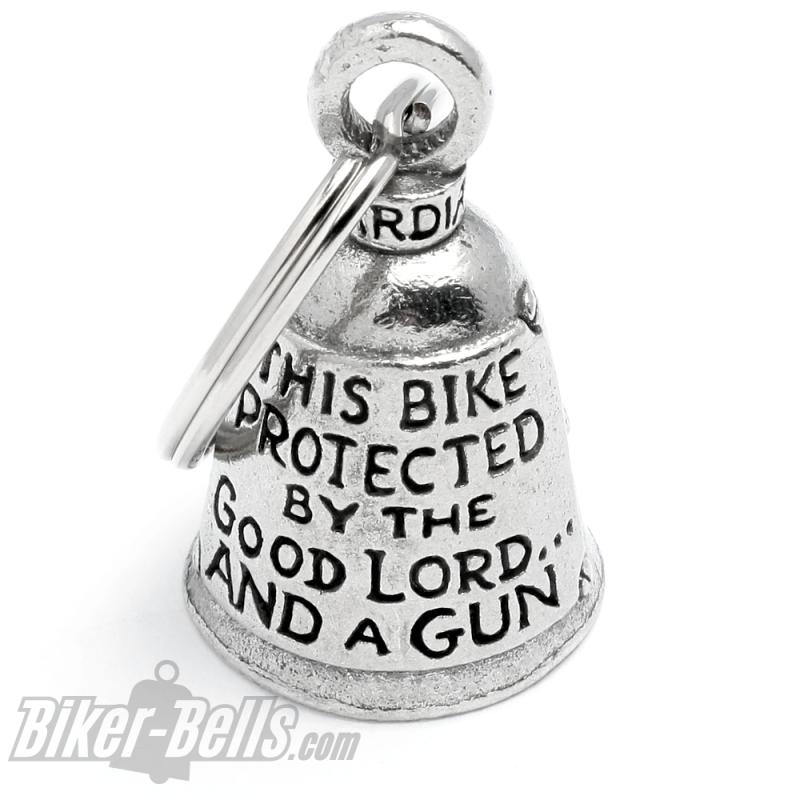 "This Bike Protected By The Good Lord And A Gun" Biker-Bell mit Kreuz und Pistolen