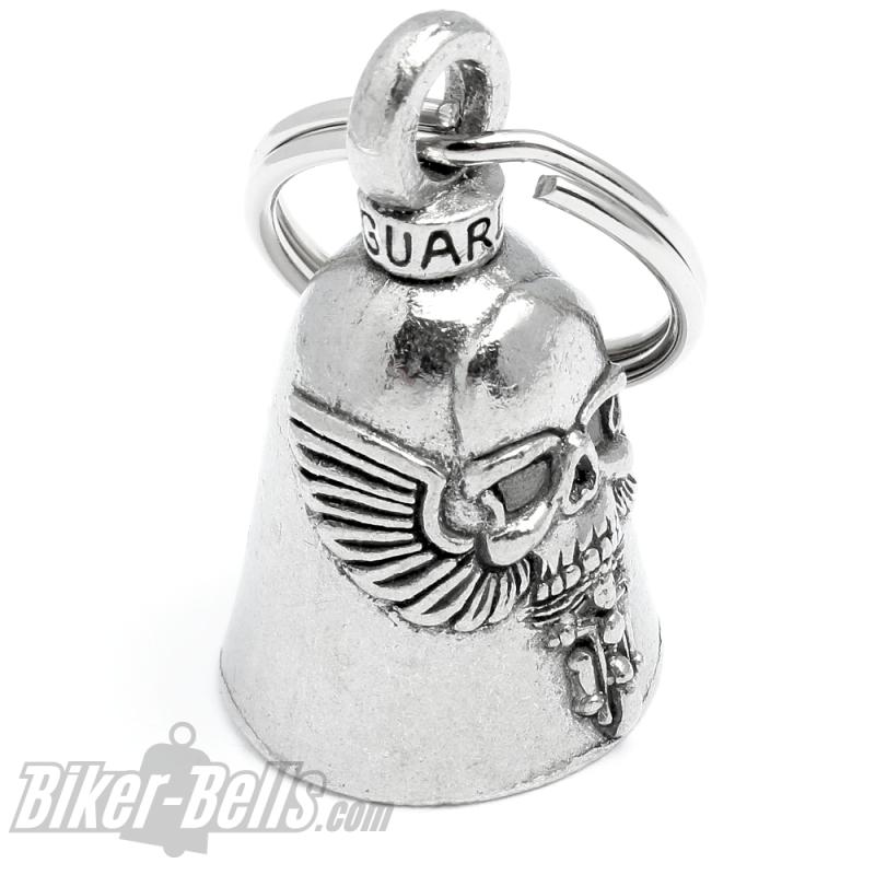 Großer Totenkopf mit Flügel schwebt über Motorradfahrer Ghost Rider Guardian Bell Großer Totenkopf mit Flügel schwebt über Motorradfahrer Ghost Rider Guardian Bell