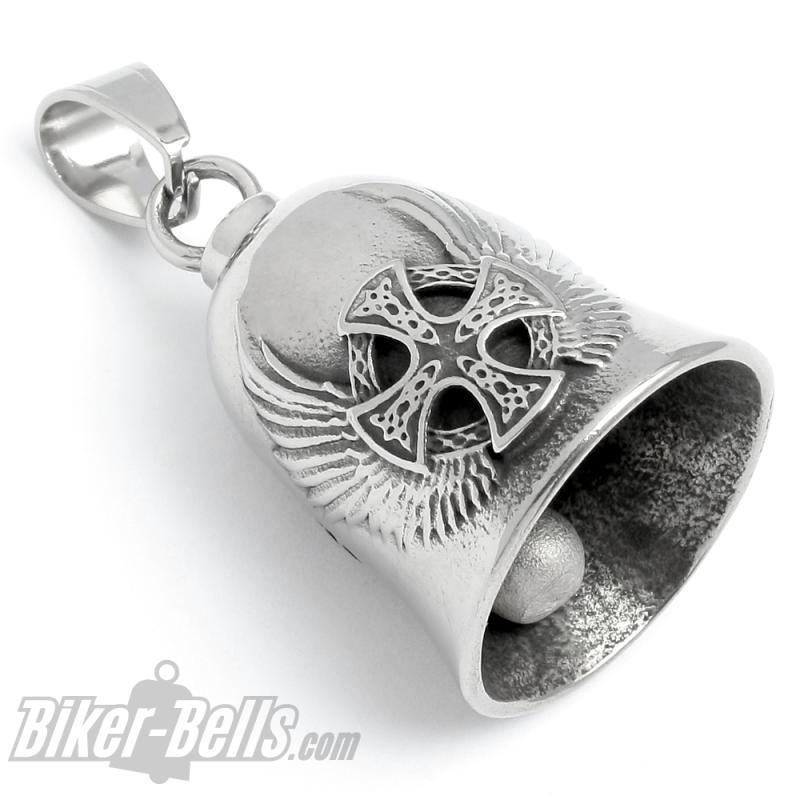 Keltisches Rad-Kreuz auf Edelstahl Biker-Bell silberfarben Motorradfahrer Geschenk Keltisches Rad-Kreuz auf Edelstahl Biker-Bell silberfarben Motorradfahrer Geschenk