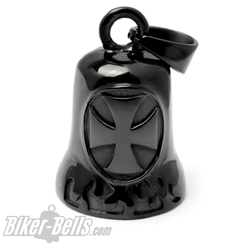 Black Biker Bell with Iron Cross and Flames Stainless Steel Lucky Charm for Bikes