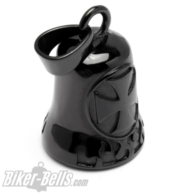 Black Biker Bell with Iron Cross and Flames Stainless Steel Lucky Charm for Bikes