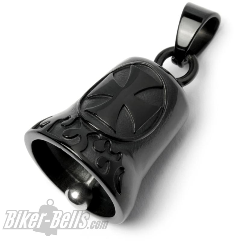 Black Biker Bell with Iron Cross and Flames Stainless Steel Lucky Charm for Bikes