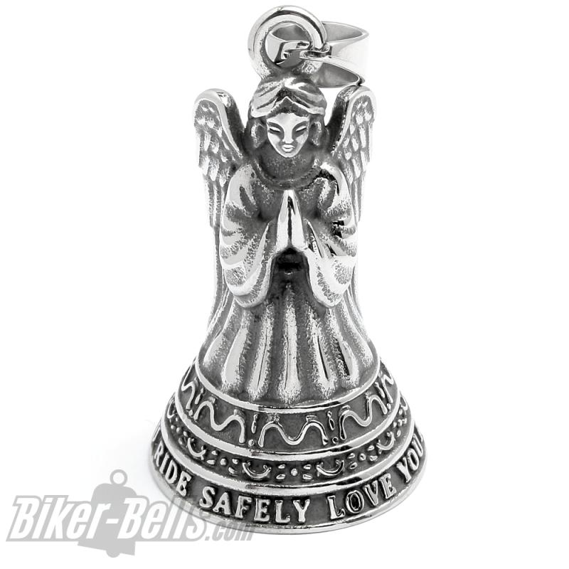 Betender Engel Biker-Bell aus Edelstahl Ride Safely, Love You, Angel Watch Over You