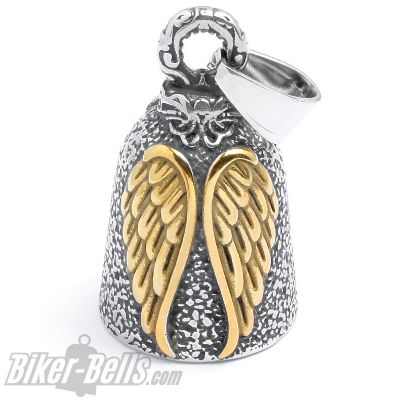 Angel Wings Biker-Bell Siver & Gold Stainless Steel made Lucky Charm for Motorbikes