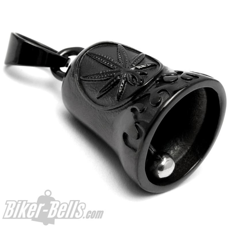Schwarze Biker-Bell mit Hanfblatt Edelstahl Motorrad-Glocke Moped Glücksbringer