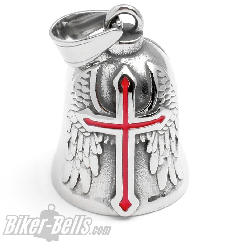 Biker-Bell mit rotem Kreuz und Flügel aus poliertem Edelstahl Glücksbringer Geschenk Biker-Bell mit rotem Kreuz und Flügel aus poliertem Edelstahl Glücksbringer Geschenk