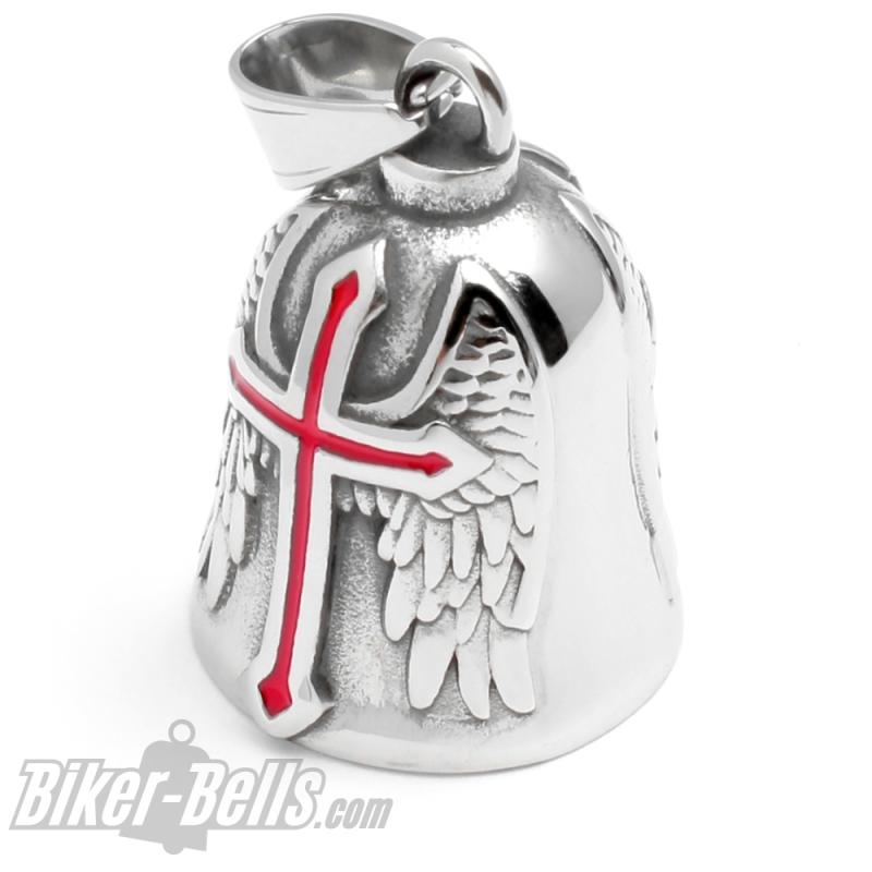 Biker-Bell mit rotem Kreuz und Flügel aus poliertem Edelstahl Glücksbringer Geschenk Biker-Bell mit rotem Kreuz und Flügel aus poliertem Edelstahl Glücksbringer Geschenk