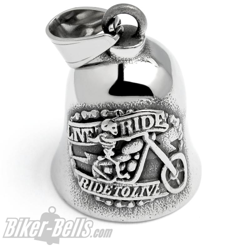 Skeleton Biker on Chopper Stainless Steel Bell Live To Ride Motorcycle Lucky Charm