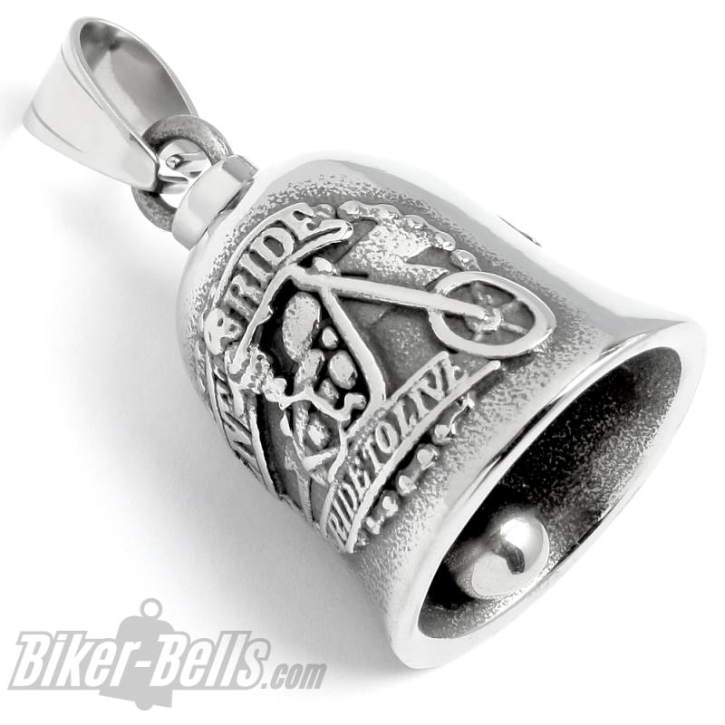 Skeleton Biker on Chopper Stainless Steel Bell Live To Ride Motorcycle Lucky Charm