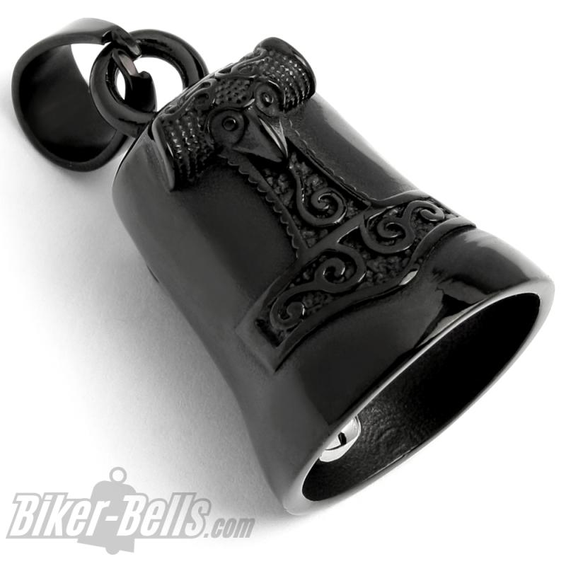 Schwarze Mjölnir Biker-Bell mit Thor's Hammer Motorrad Glücksbringer Geschenkidee