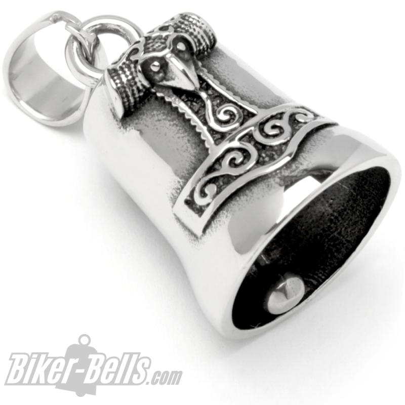 Stainless steel biker bell with Thor's hammer Mjolnir motorcyclist lucky charm gift