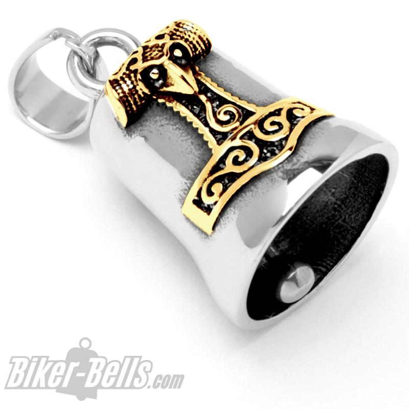 Goldener Thorhammer auf Edelstahl Biker-Bell Mjölnir Schonenhammer für Motorradfahrer Goldener Thorhammer auf Edelstahl Biker-Bell Mjölnir Schonenhammer für Motorradfahrer