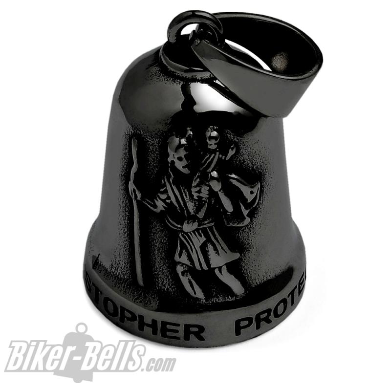 Black Biker Bell St. Christopher Patron Saint of Travellers 316L Stainless Steel