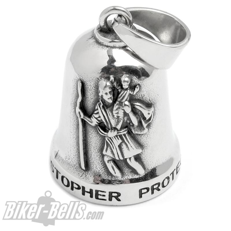 Edelstahl Biker-Bell mit heiligem St. Christophorus Schutzpatron der Reisenden
