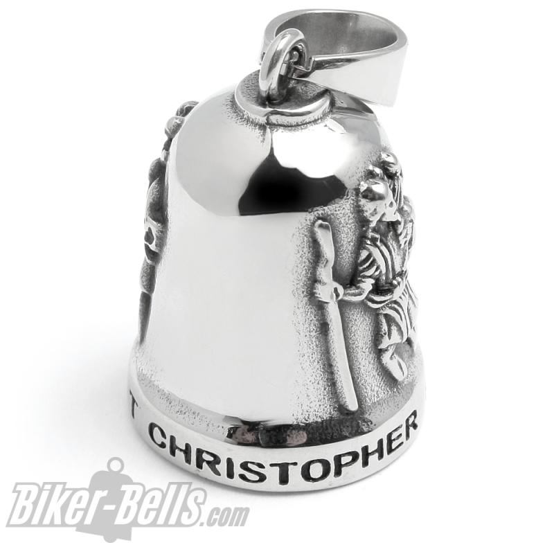 Edelstahl Biker-Bell mit heiligem St. Christophorus Schutzpatron der Reisenden