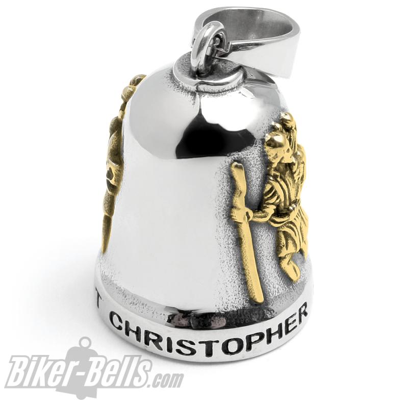 Edelstahl Biker-Bell St. Christopher Schutzpatron der Reisenden silber mit gold