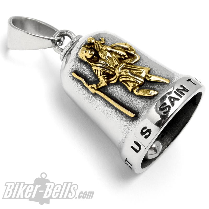 Edelstahl Biker-Bell St. Christopher Schutzpatron der Reisenden silber mit gold