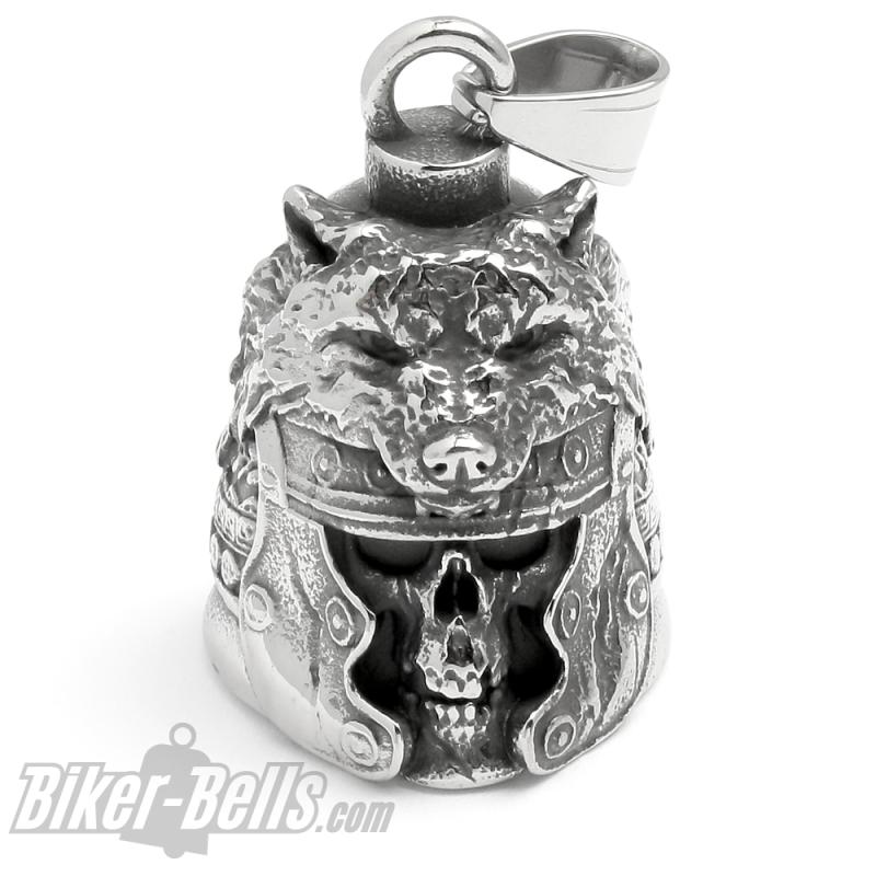 Roman Centurion Skull with Wolf Biker Bell made of Stainless Steel Motorcycle Lucky Charm