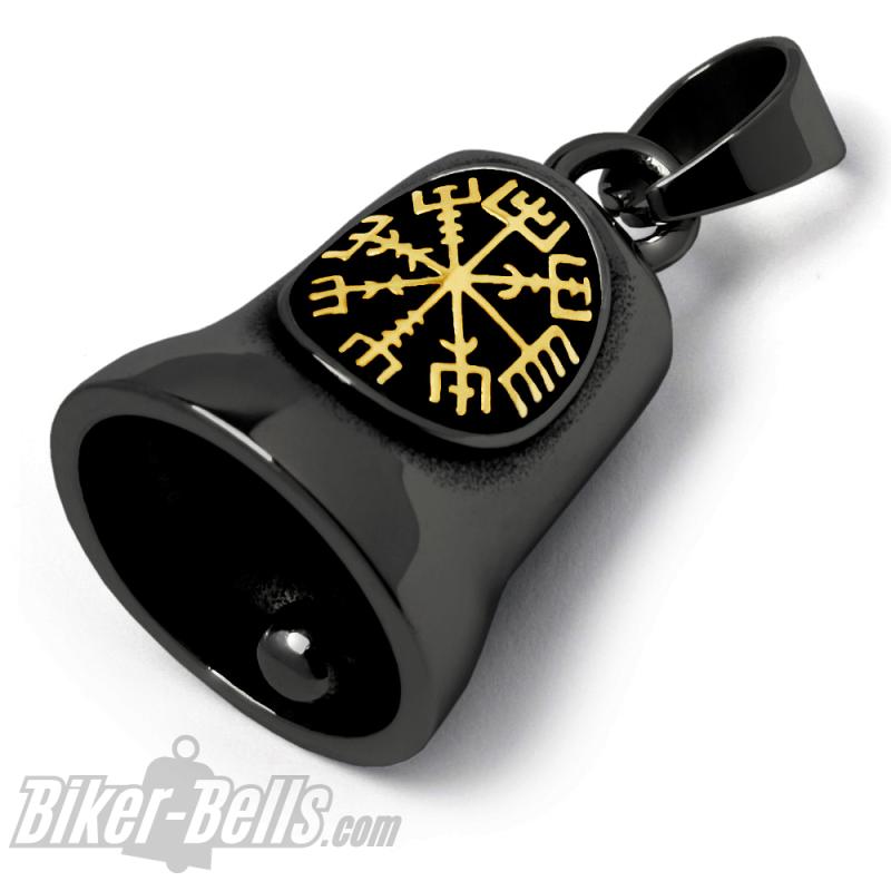 Schwarze Biker-Bell mit goldenem Vegvisir aus Edelstahl Wikinger Biker Glücksbringer