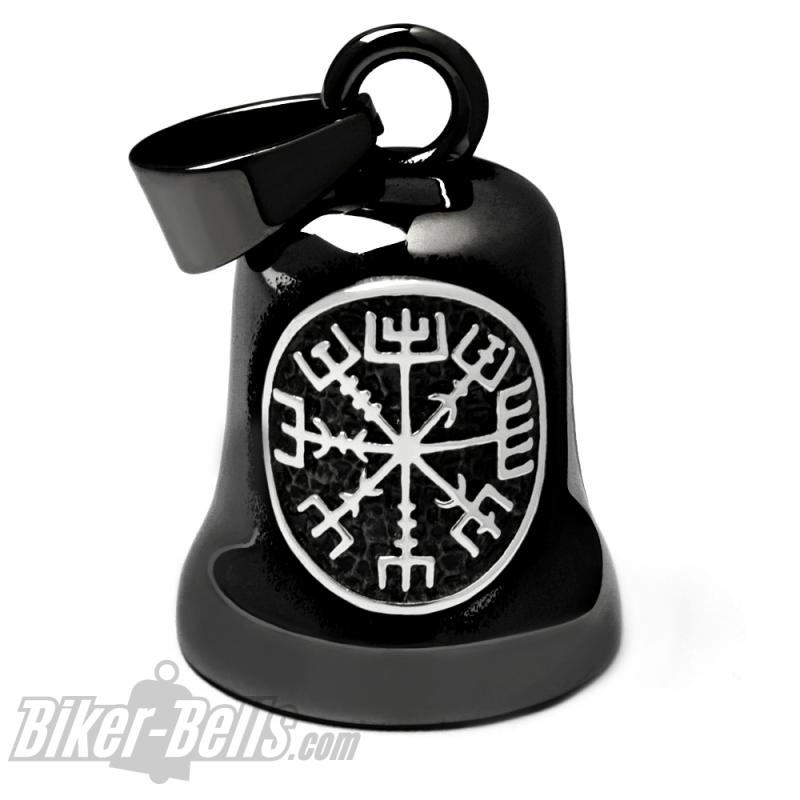 Schwarze Biker-Bell mit silbernem Vegvisir aus Edelstahl Wikinger Biker Glücksbringer