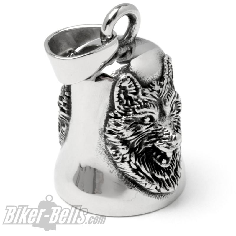 Wolf Bikerbell aus Edelstahl Motorrad Glücksbringer Glocke Biker Geschenk Wolfsköpfe