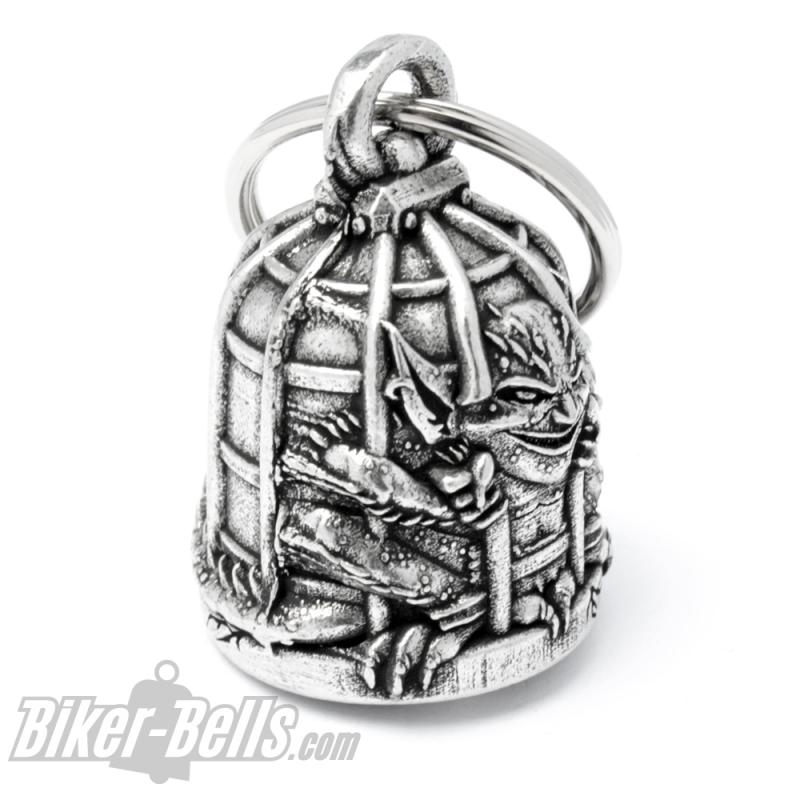 Biker-Bell with Gremlin locked in cage motorcyclist lucky bell