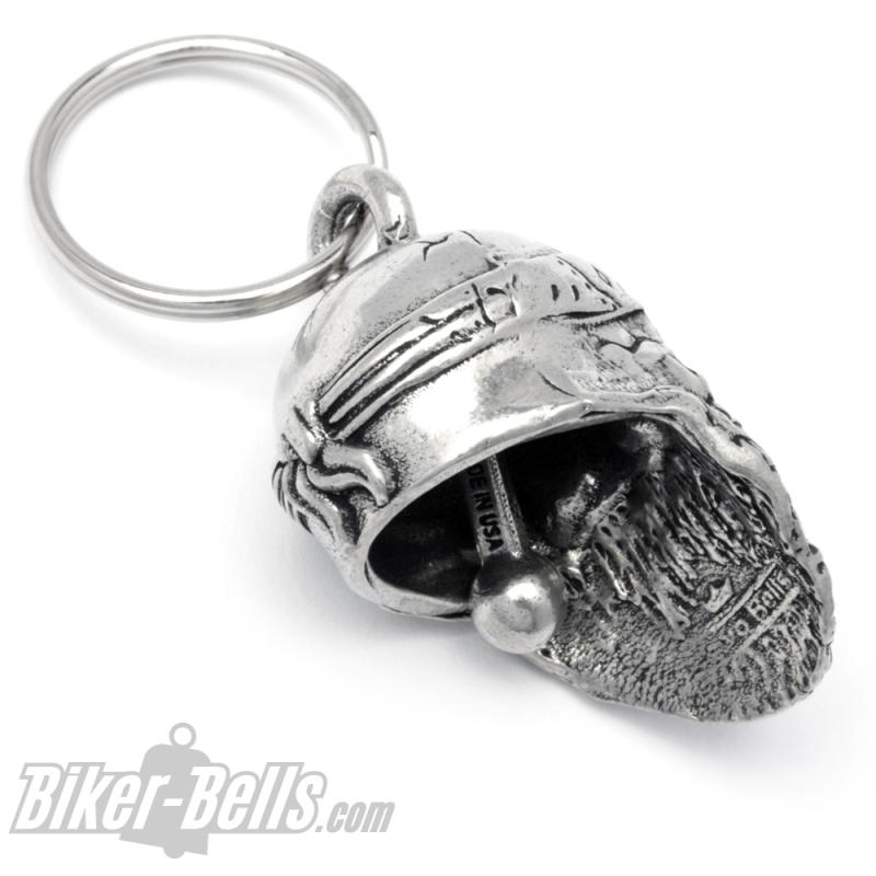 3D Oldschool Biker Totenkopf mit Bart und Bandana Biker-Bell Motorrad Glocke