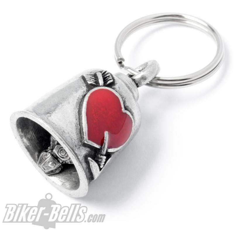 Biker-Bell mit rotem Herz von Pfeil durchbohrt Motorradfahrer Liebe Glücksglöckchen Biker-Bell mit rotem Herz von Pfeil durchbohrt Motorradfahrer Liebe Glücksglöckchen