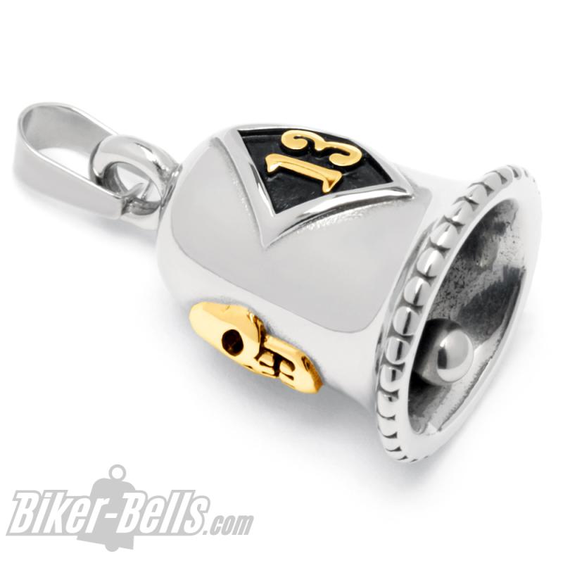 Biker-Bell mit goldener 13 Glücksbringer Glückszahl Edelstahl Motorrad-Glöckchen Biker-Bell mit goldener 13 Glücksbringer Glückszahl Edelstahl Motorrad-Glöckchen