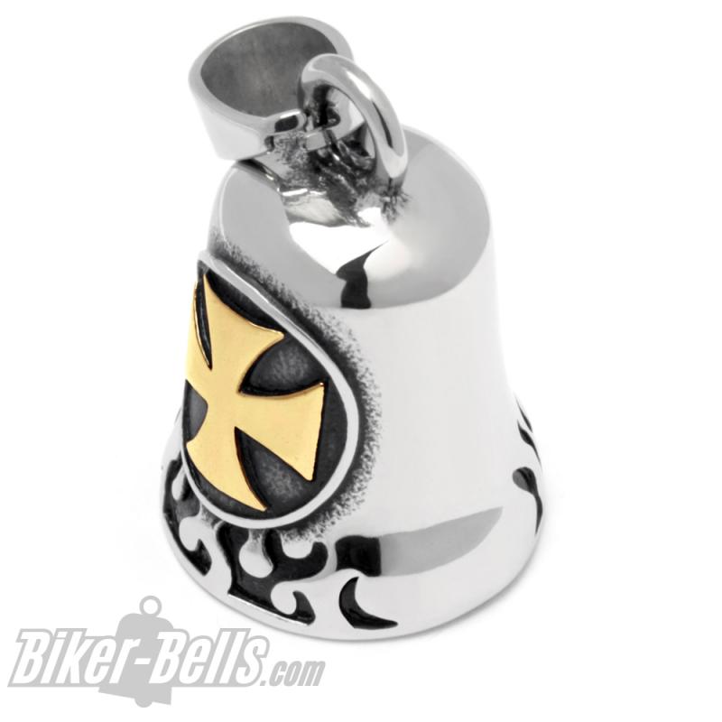 Large Iron Cross in Gold on Stainless Steel Biker-Bell with Flames Gift Large Iron Cross in Gold on Stainless Steel Biker-Bell with Flames Gift