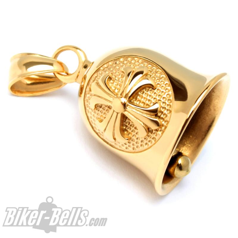 Goldene Biker-Bell mit Lilien-Kreuz aus Edelstahl Motorrad Glücksbringer-Glocke Goldene Biker-Bell mit Lilien-Kreuz aus Edelstahl Motorrad Glücksbringer-Glocke