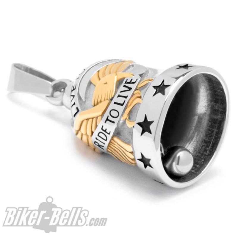 Live To Ride Biker-Bell mit Adler silber & gold Edelstahl Motorrad-Glocke Geschenk