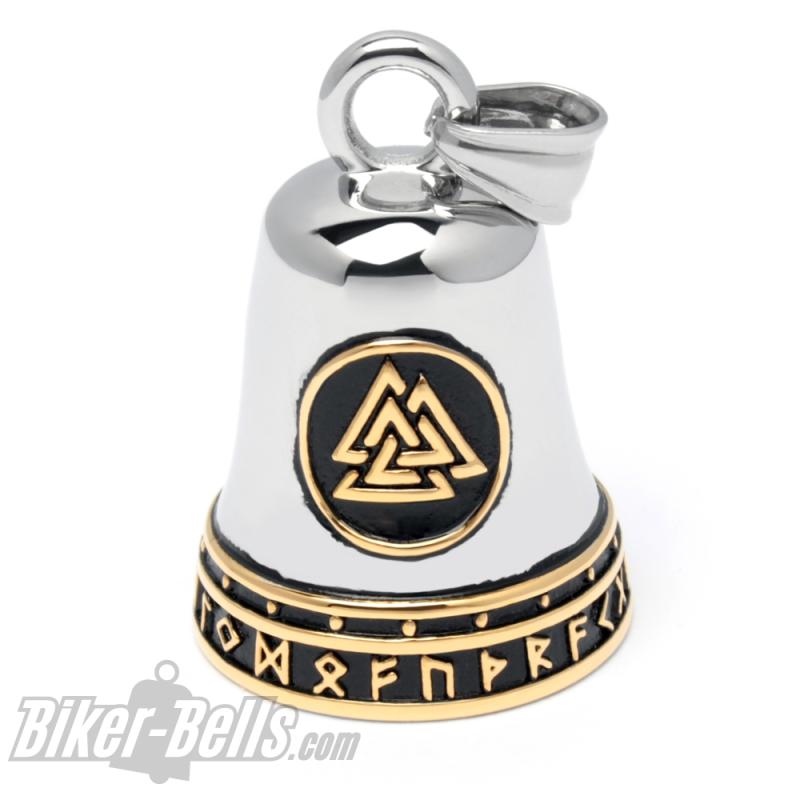 Vegvisir und Valknut zusammen mit goldenen Runen auf einer Biker-Bell aus Edelstahl Vegvisir und Valknut zusammen mit goldenen Runen auf einer Biker-Bell aus Edelstahl