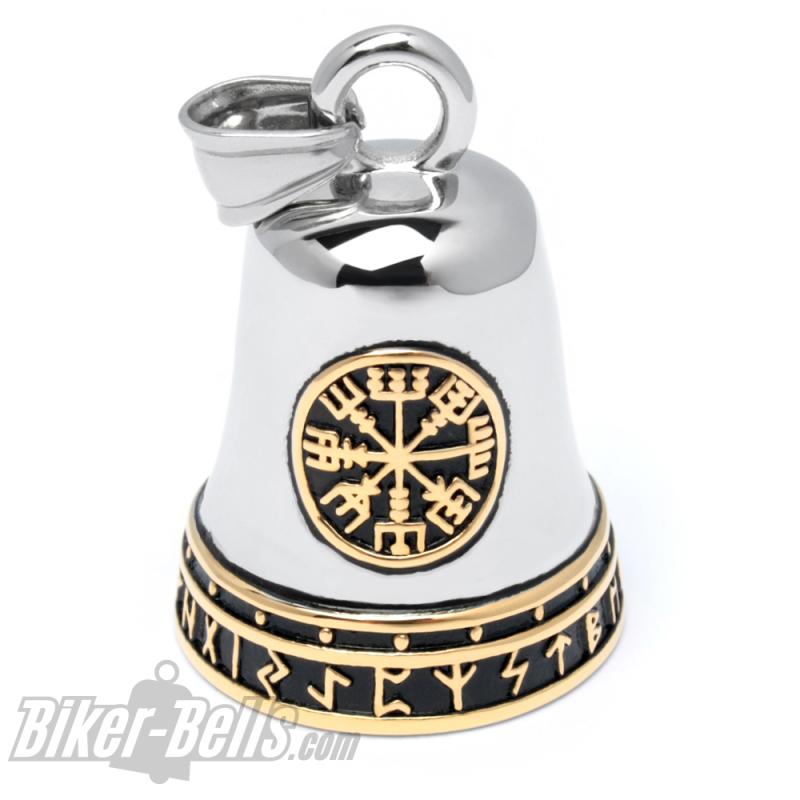 Vegvisir und Valknut zusammen mit goldenen Runen auf einer Biker-Bell aus Edelstahl Vegvisir und Valknut zusammen mit goldenen Runen auf einer Biker-Bell aus Edelstahl