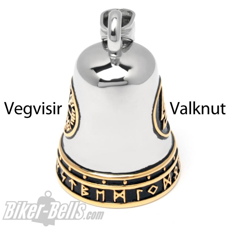 Vegvisir und Valknut zusammen mit goldenen Runen auf einer Biker-Bell aus Edelstahl Vegvisir und Valknut zusammen mit goldenen Runen auf einer Biker-Bell aus Edelstahl