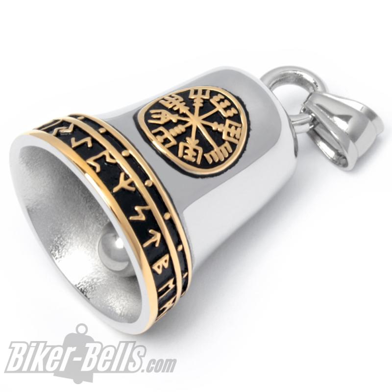 Vegvisir und Valknut zusammen mit goldenen Runen auf einer Biker-Bell aus Edelstahl Vegvisir und Valknut zusammen mit goldenen Runen auf einer Biker-Bell aus Edelstahl
