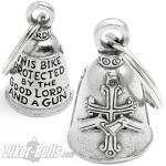 "This Bike Protected By The Good Lord And A Gun" Biker-Bell with Cross and Pistols